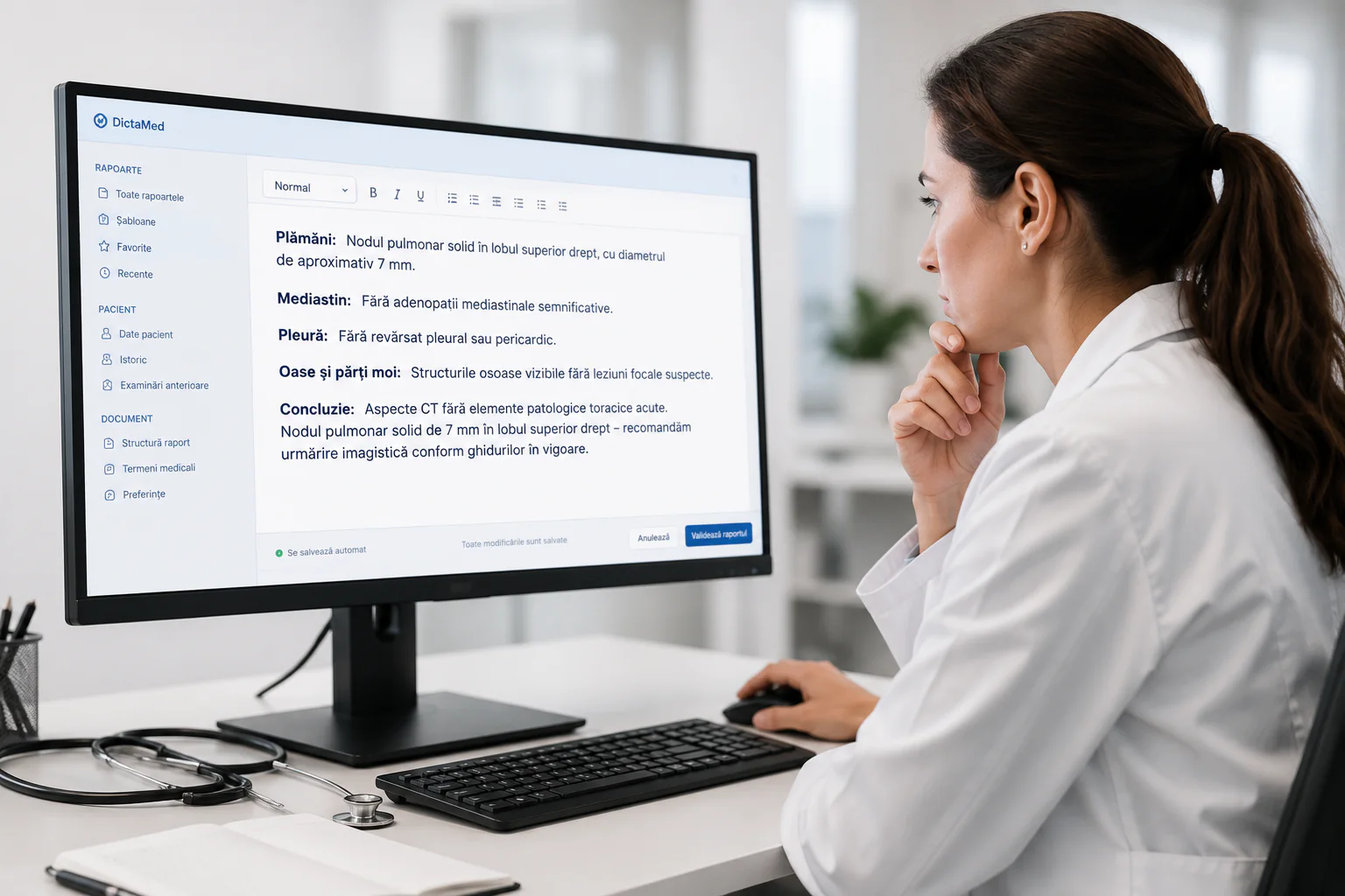 Medic care verifică raportul medical pe monitor