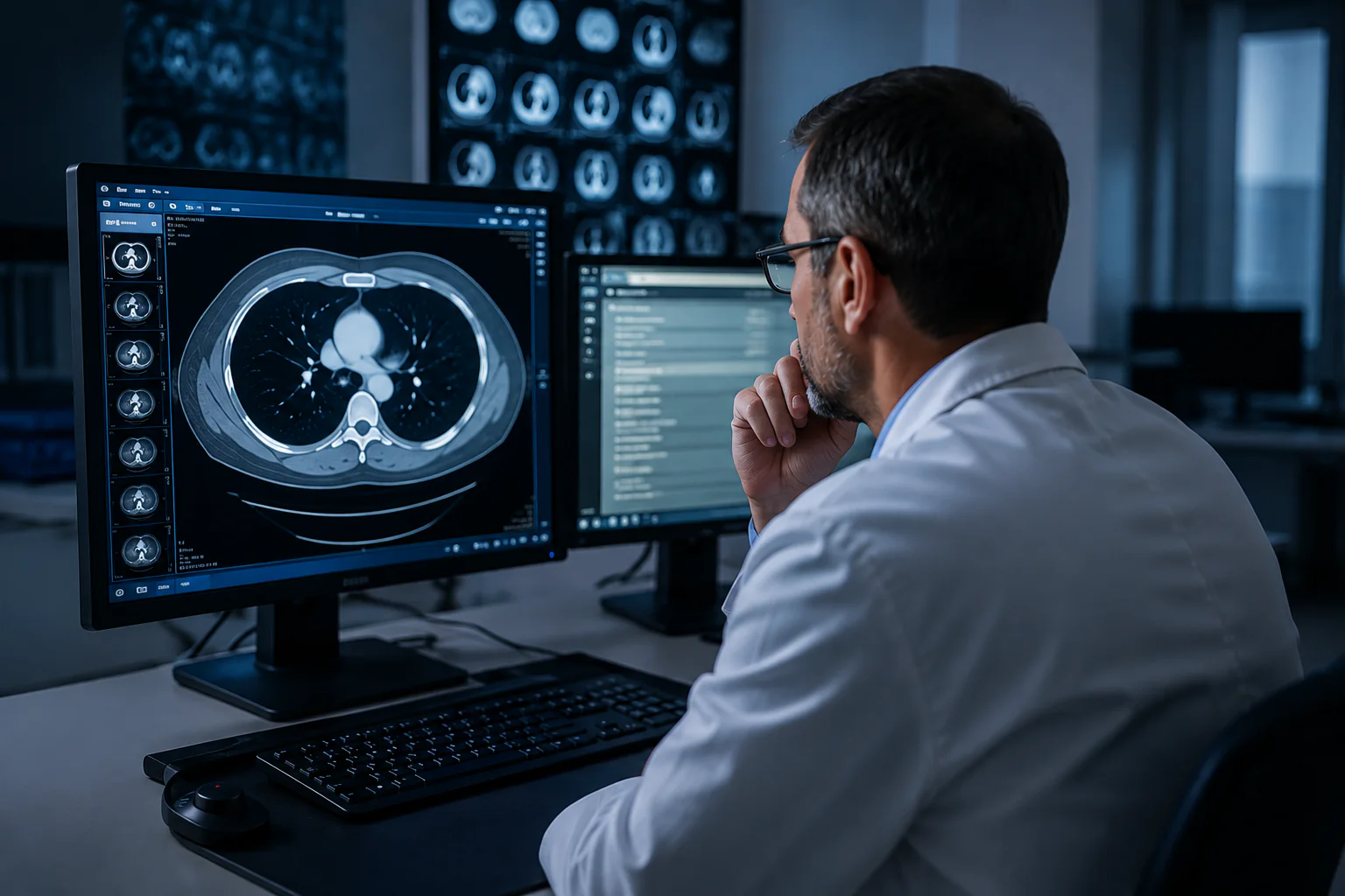 Radiolog concentrat asupra imaginilor medicale în timpul examinării