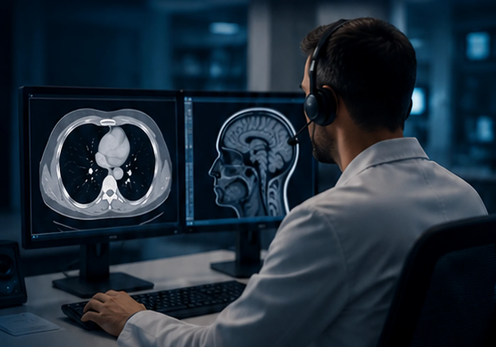 Medic radiolog care interpretează examinări CT și RMN pe două monitoare medicale.